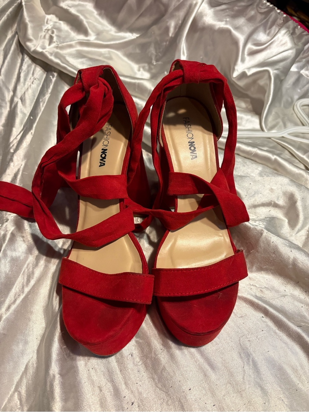 Fashion Nova Red Suede Lace-Up Platform Heels